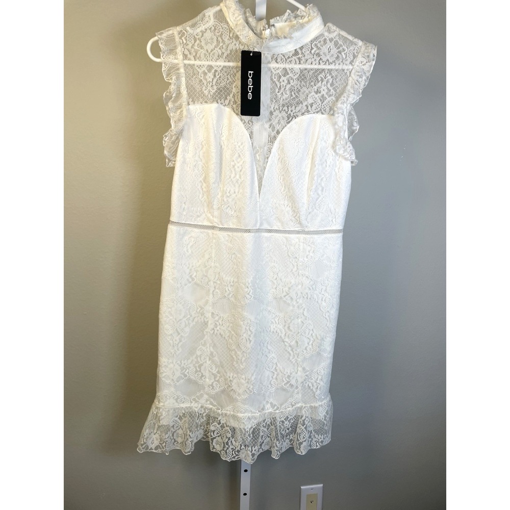 Bebe Ruffle Mock Neck Lace Dress Large White Bridal‎ Wedding Prom NEW $129 Y2K
